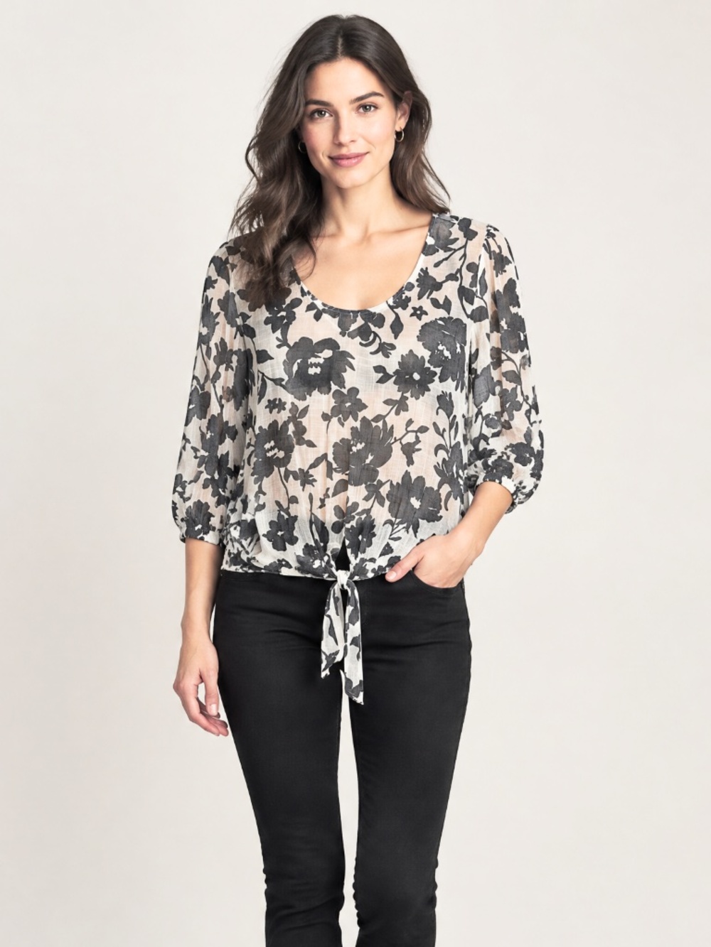 Olivia & Matin Pretty Women's Long Sleeve Blouse V-Neck Floral Black & White XL